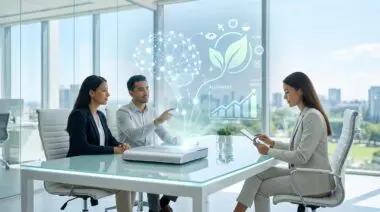 Team discussing alignment of AI initiatives with corporate sustainability goals, visualizing a growth graph towards Target 2030.