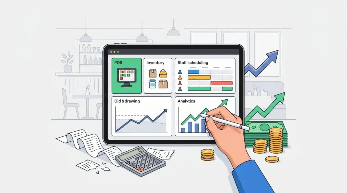 A tablet showing restaurant management modules like POS, inventory, and analytics to optimize business economics.