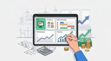 A tablet showing restaurant management modules like POS, inventory, and analytics to optimize business economics.