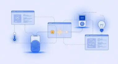 Smart devices like a speaker, thermometer, timer, and lightbulb are interconnected, illustrating Ambient Computing.
