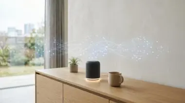 Smart speaker emanating AI data streams, illustrating the future of ambient computing.
