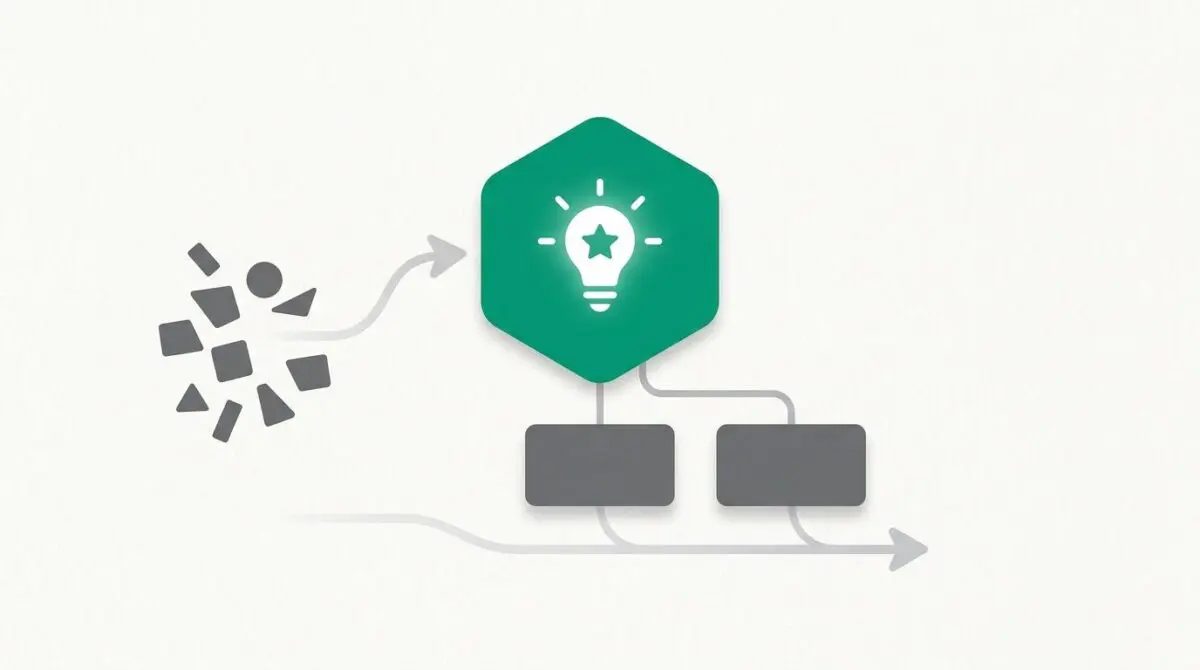 Flowchart showing fragmented information leading to an idea bulb and then two processing blocks, illustrating answer-first content.