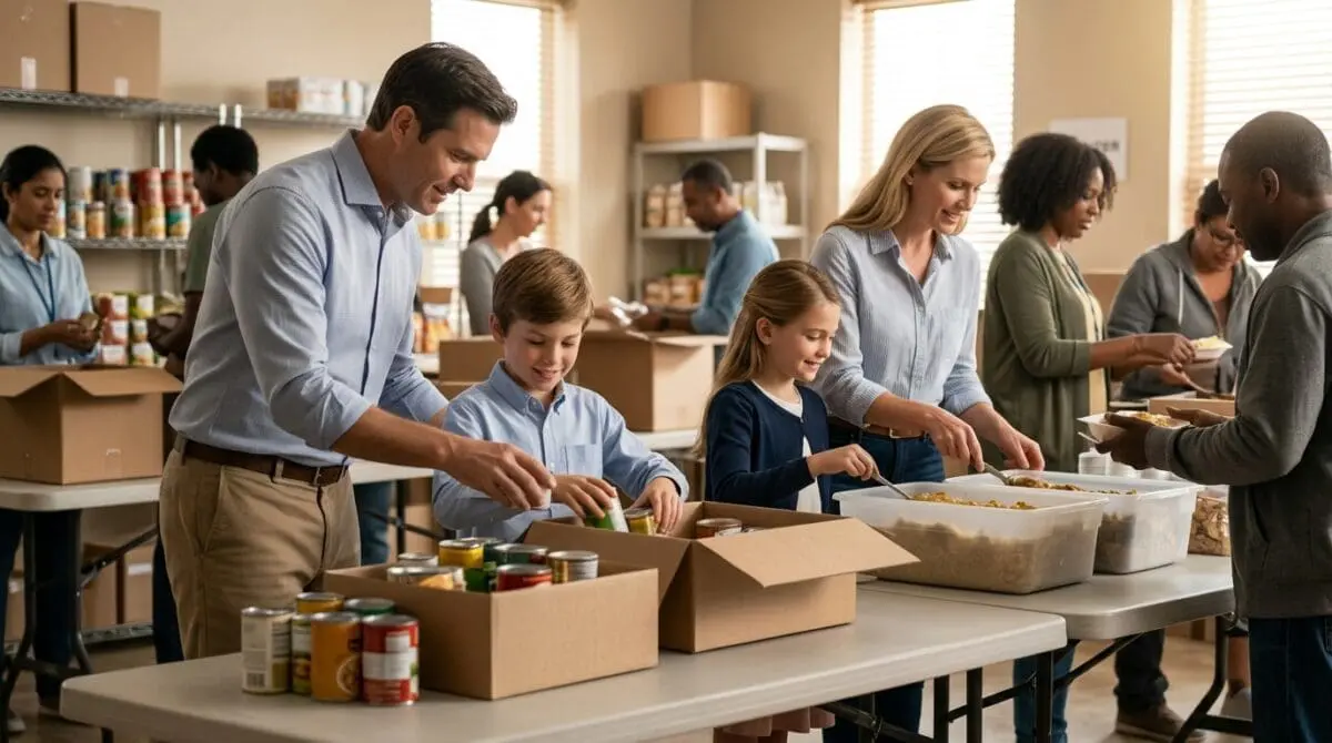 A realistic photographic scene captures a wealthy family—parents alongside their young son and daughter—actively volunteering together in a busy, community food pantry, packing boxes with canned goods and serving meals.