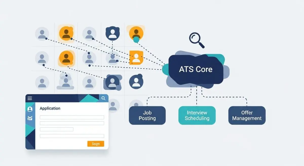 Diagram illustrating an Applicant Tracking System (ATS) core connecting job posting, interview scheduling, and offer management to candidate applications.