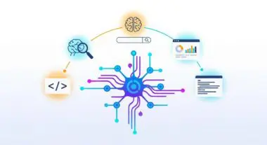 Diagram illustrating the components of Artificial General Intelligence (AGI) with brains, code, search, and data analysis.