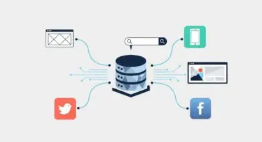 Central database connected to social media and web icons, illustrating asset inventory management.