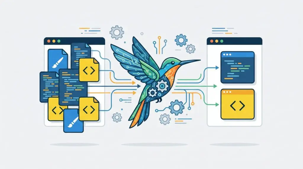 Illustration of a mechanical hummingbird processing CSS and JavaScript files for automated asset optimization.