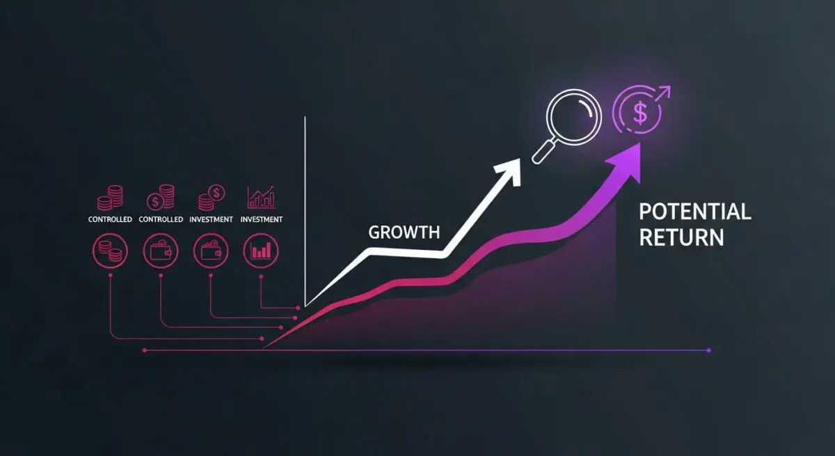 A financial graph showing controlled investments leading to growth and potential return, illustrating asymmetric bets.