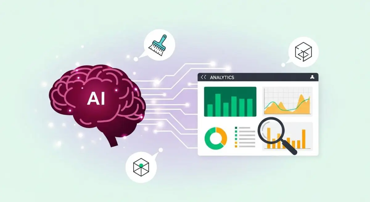 AI brain connected to analytics dashboard displaying charts and graphs, representing augmented analytics.