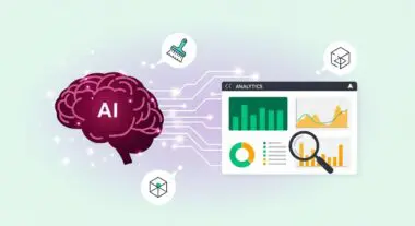 AI brain connected to analytics dashboard displaying charts and graphs, representing augmented analytics.