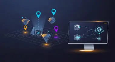 Abstract visualization of interconnected data points and 3D objects, representing Augmented Reality concepts.
