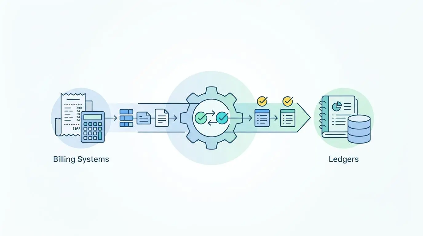 Automated billing system flow from billing to ledgers, symbolizing instant automated thank-you gifts sent via Sendoso.