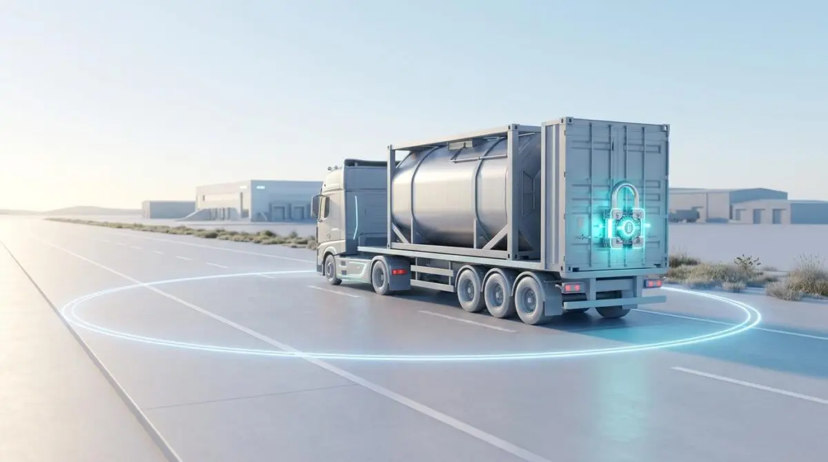 Truck with automated cargo door locking triggered by geofence departure to prevent theft.