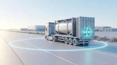 Truck with automated cargo door locking triggered by geofence departure to prevent theft.