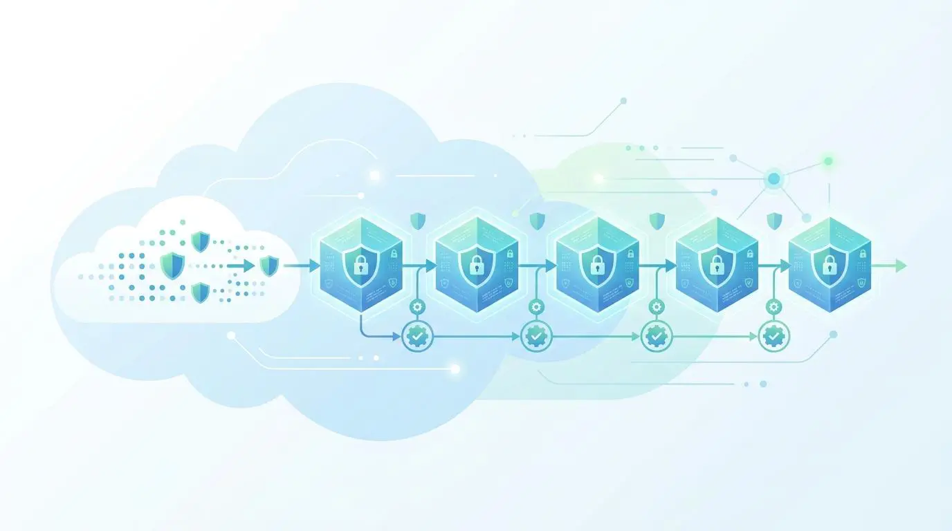 Secured blockchain blocks representing automated instant locking of cargo doors triggered by geofence departures.