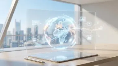 Holographic globe with data streams illustrates why automated content generation can destroy your long-term GEO strategy.