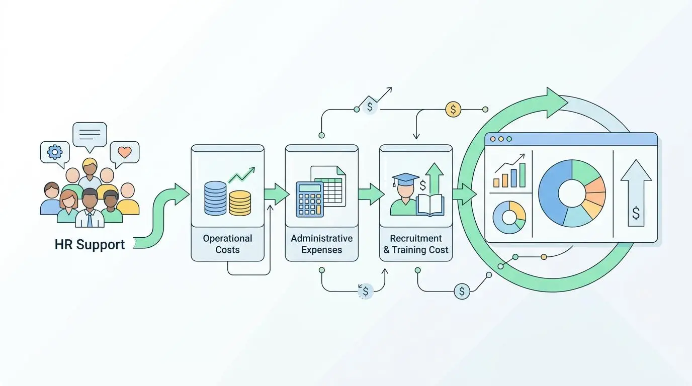 HR Support process flow with automated routing for AI chatbot, costs, and analytics.