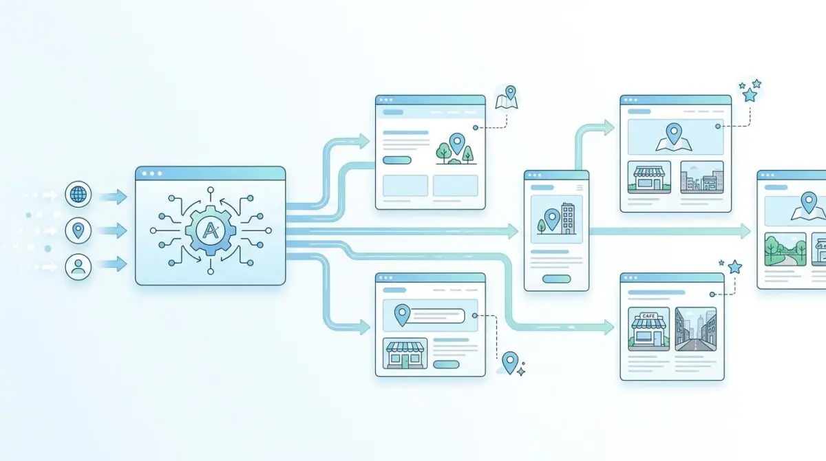 Automated generation of hyper-local landing pages triggered by real-time search query spikes in specific cities, illustrating AI processing and content deployment.