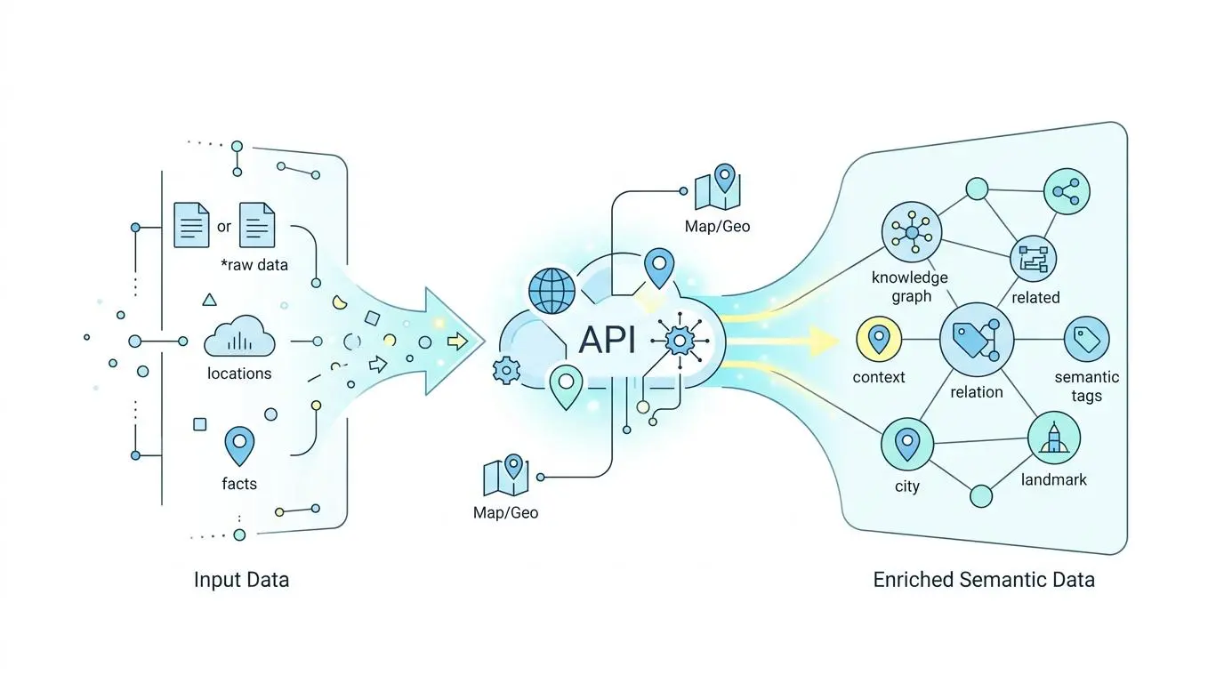 API processing raw data to generate enriched semantic data, enabling automated hyper-local landing pages. By Andres SEO Expert.
