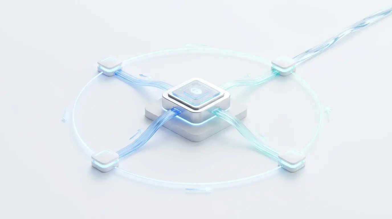 Central processor with glowing data streams for automated instant deployment of localized in-app messaging.