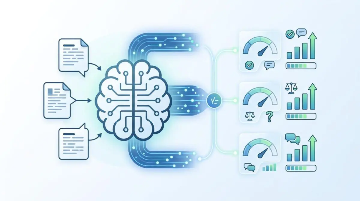 Diagram illustrating how to set up automated evaluation metrics for LLM outputs with data flowing to a brain-like AI.