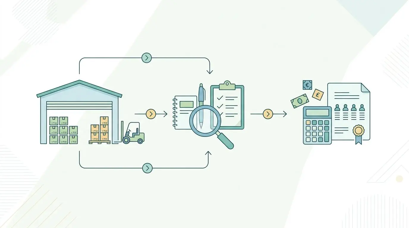 Automated pallet auditing flow: warehouse to inspection, then financial verification.