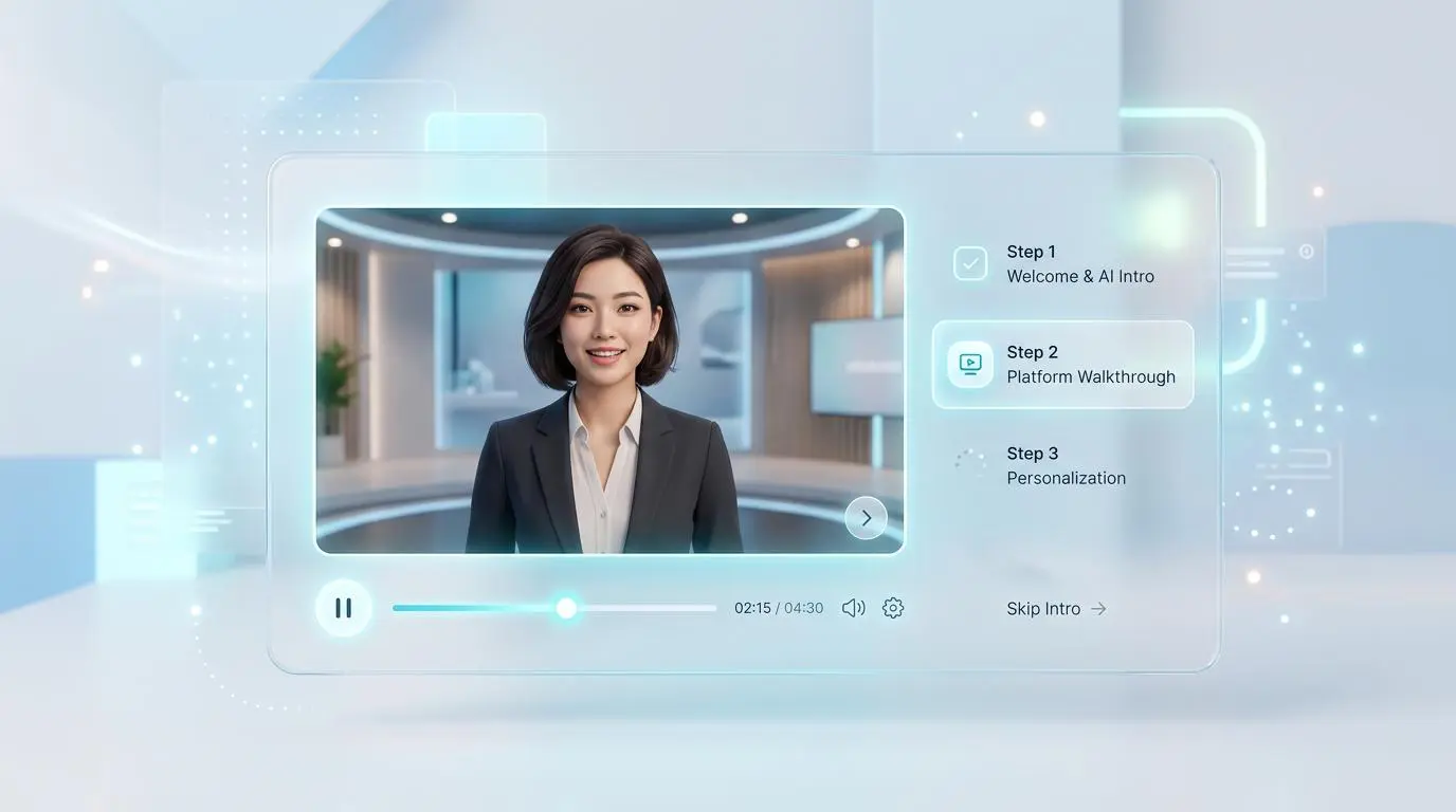 Woman presenting a video interface showing steps for automated personalized greetings for new subscribers.