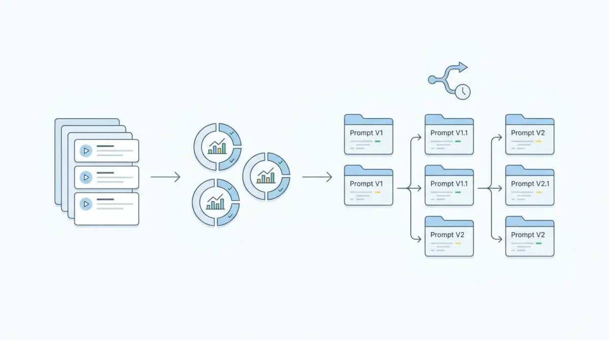 Flowchart showing prompt testing and version control for AI models.