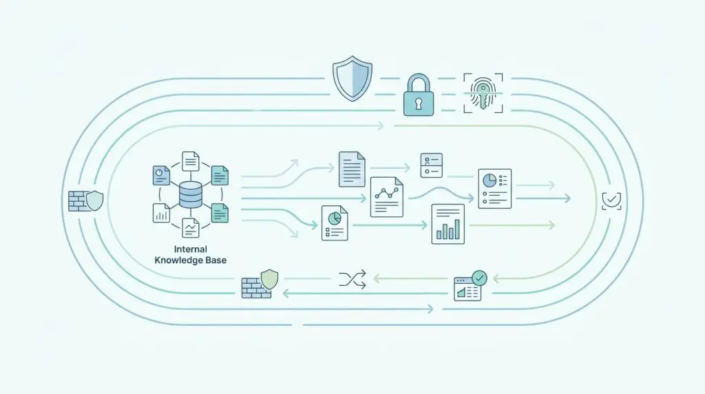 Autonomous AI agents processing data from internal knowledge base for ticket resolution.