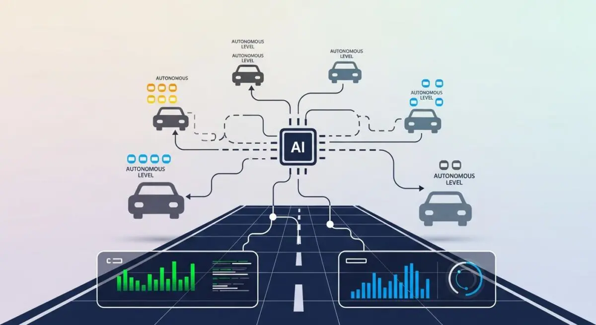 Diagram showing AI controlling various autonomous vehicles on a road, illustrating autonomous driving levels.