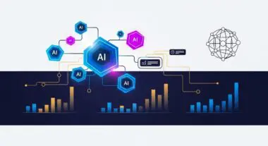Hexagonal nodes labeled AI interconnected with charts and a globe, illustrating autonomous finance systems.