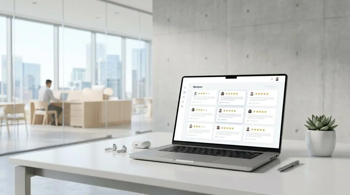 Laptop displaying customer reviews and star ratings for B2B GEO optimization on G2, Capterra, and Trustpilot.