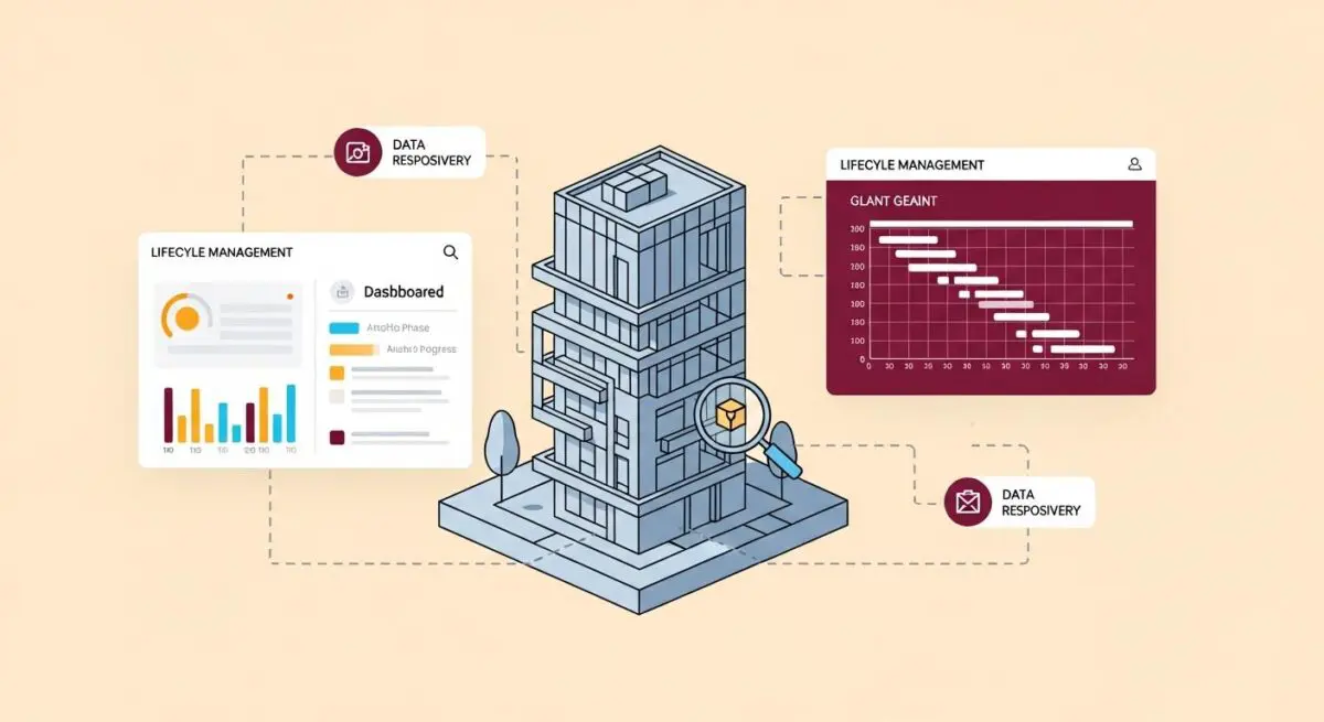 Central building illustration with connected dashboards showing lifecycle management and data, representing BIM.