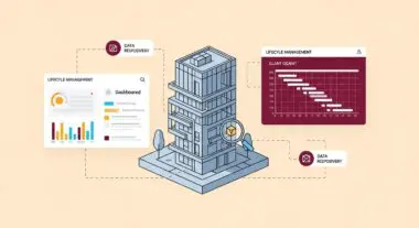Central building illustration with connected dashboards showing lifecycle management and data, representing BIM.