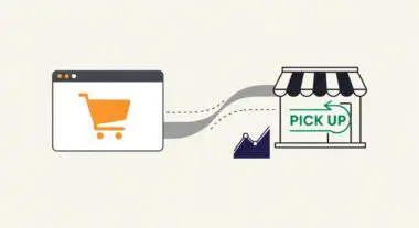 Conceptual graphic illustrating BOPIS: a shopping cart on a web browser connected to a store with a 'PICK UP' sign.