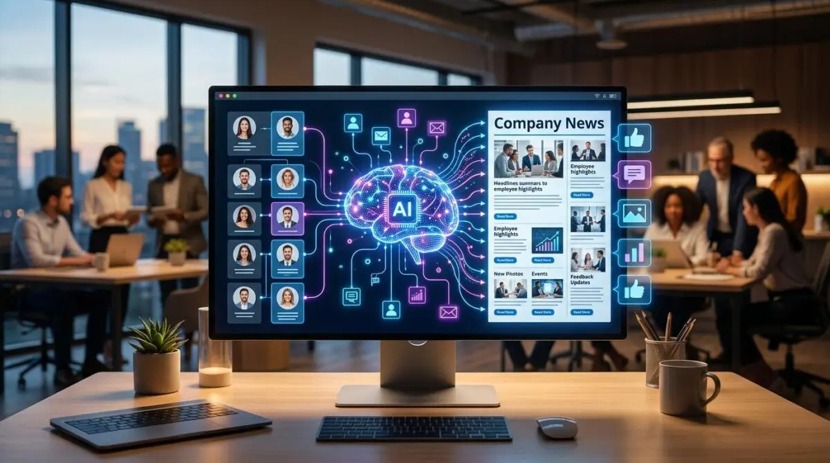 AI brain graphic on a computer screen displaying company news and employee profiles, illustrating the best AI tools for internal communications.