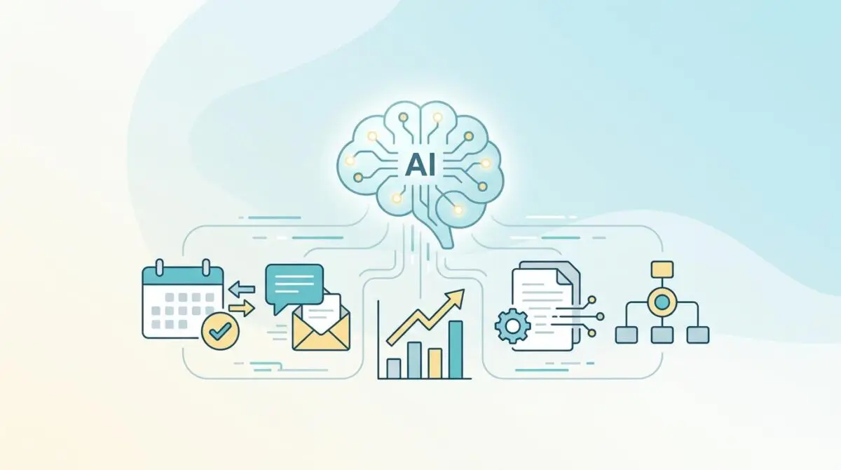 AI brain connecting to office management icons like calendar, email, charts, and workflows.