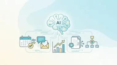 AI brain connecting to office management icons like calendar, email, charts, and workflows.