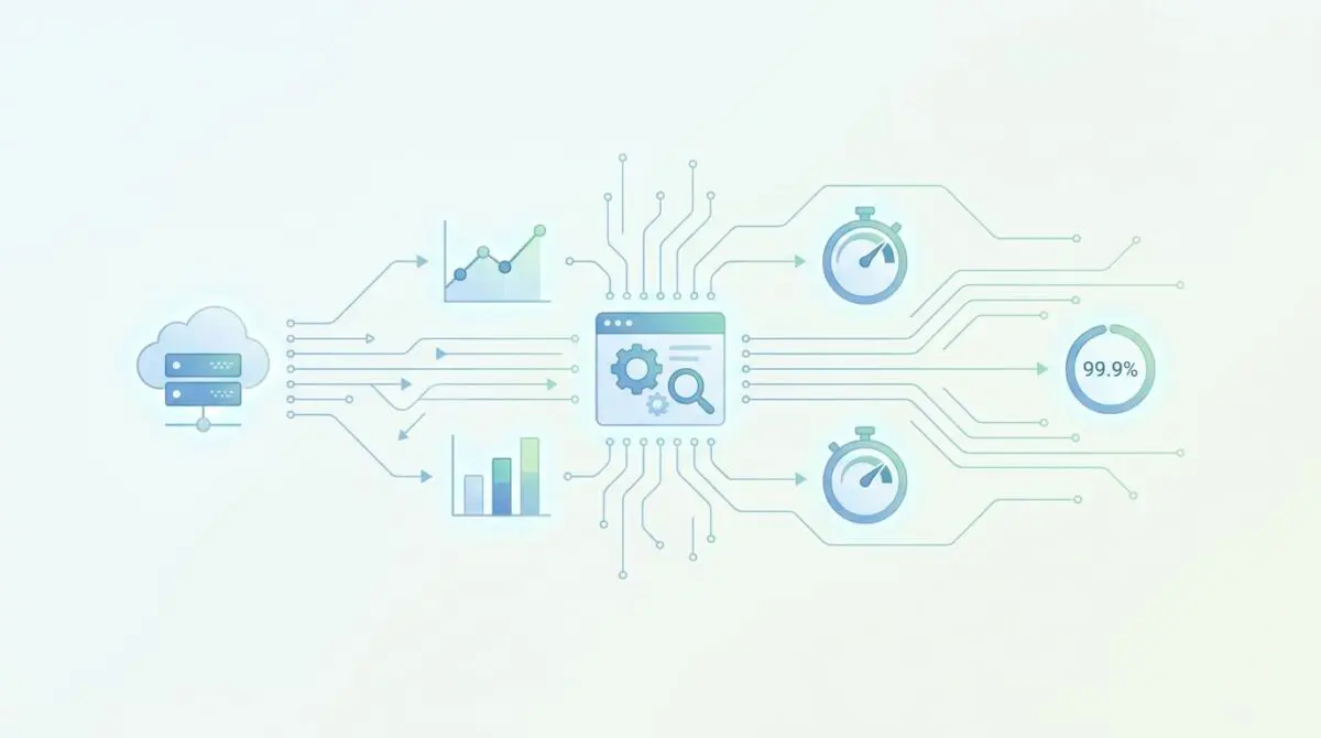 Cloud APM tools data flow illustration with charts and stopwatch icons, highlighting 99.9% performance.
