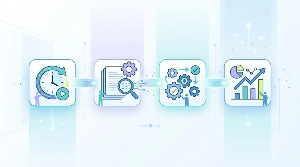 Illustration showing the stages of business process automation software: time efficiency, analysis, execution, and reporting.