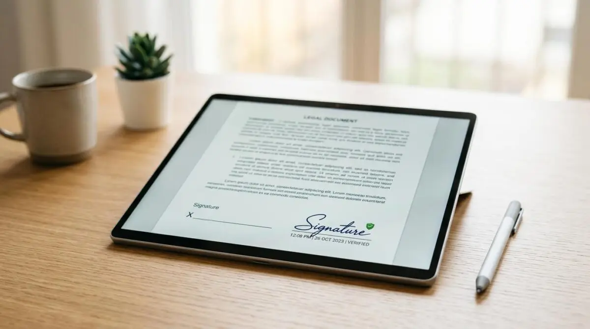 Tablet displaying a legal document with a verified e-signature, highlighting the best e-signature tools for legally binding documents.