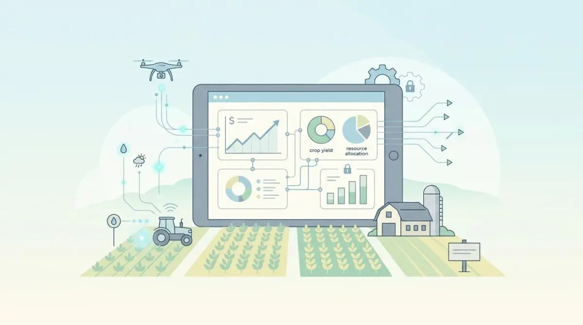 Farm operations data visualized on a tablet, showing crop yield and resource allocation, with drone and tractor integration.