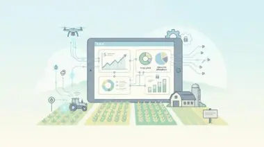 Farm operations data visualized on a tablet, showing crop yield and resource allocation, with drone and tractor integration.