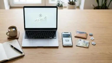 Freelance writer's desk with laptop showing graph, phone, wallet, and cash, showcasing FinTech tools.