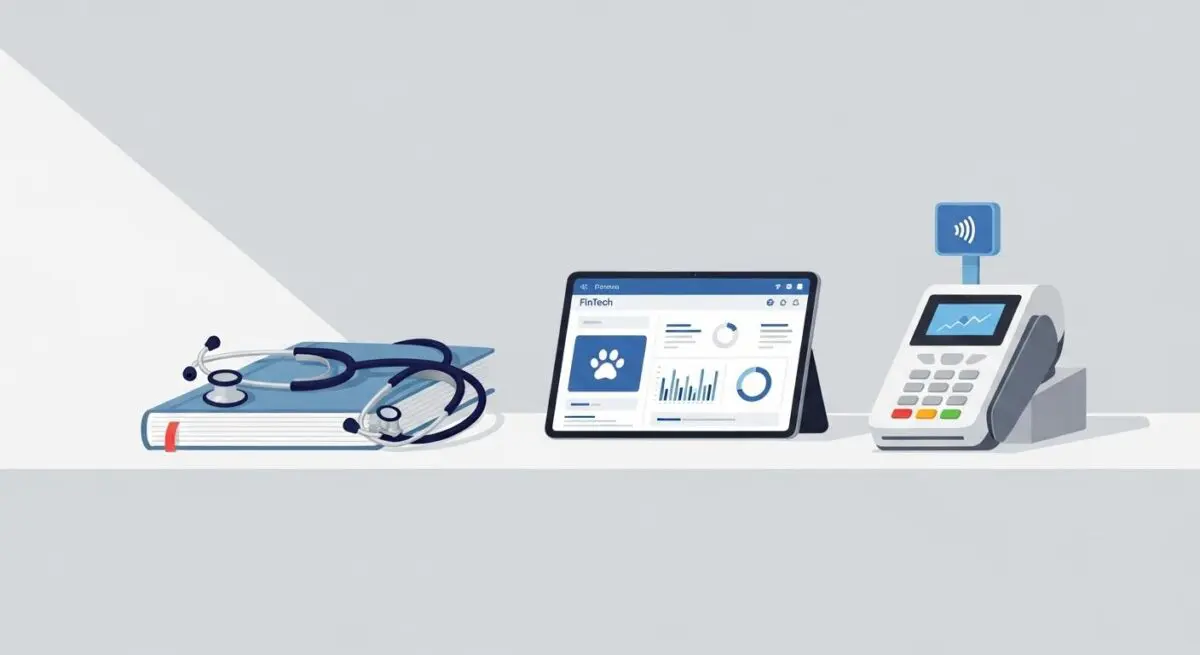 Stethoscope on book, tablet with paw icon, and payment terminal highlight the best FinTech tools for a veterinary clinic.