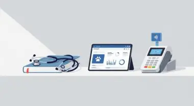Stethoscope on book, tablet with paw icon, and payment terminal highlight the best FinTech tools for a veterinary clinic.