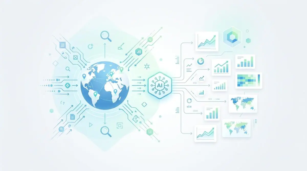 Illustration of a globe connected to AI icons and data charts, symbolizing AI search performance tracking.