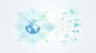 Illustration of a globe connected to AI icons and data charts, symbolizing AI search performance tracking.