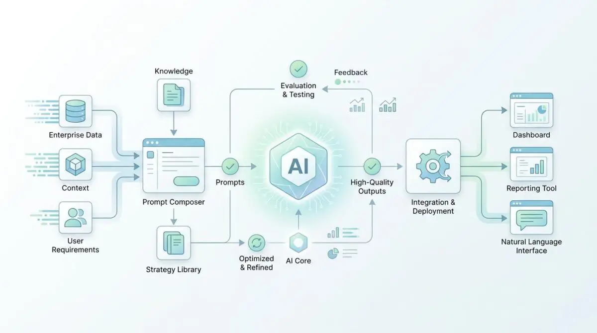 Diagram of prompt engineering frameworks for complex enterprise tasks, showing data inputs to AI core.