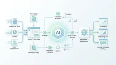 Diagram of prompt engineering frameworks for complex enterprise tasks, showing data inputs to AI core.
